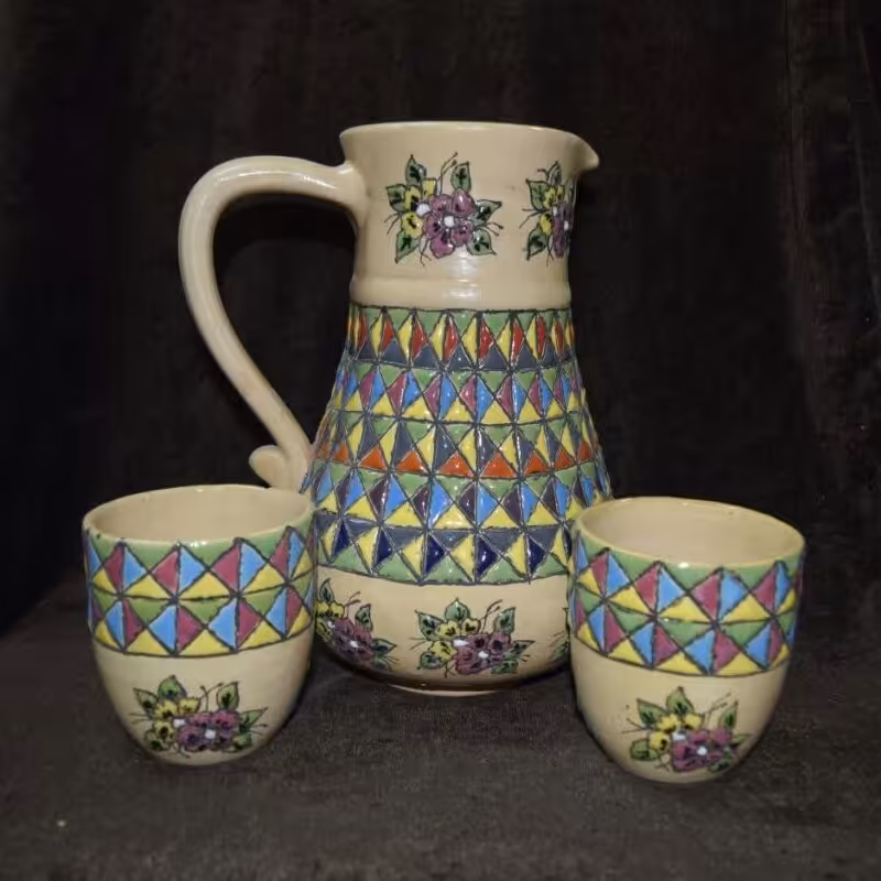 پارچ دوعدد لیوان .طرح میناکاری هفت رنگ.رنگ کرم .کوره رفته .لعابدار.ارتفاع 24 سانت .لیوان 10سانت .کاردست