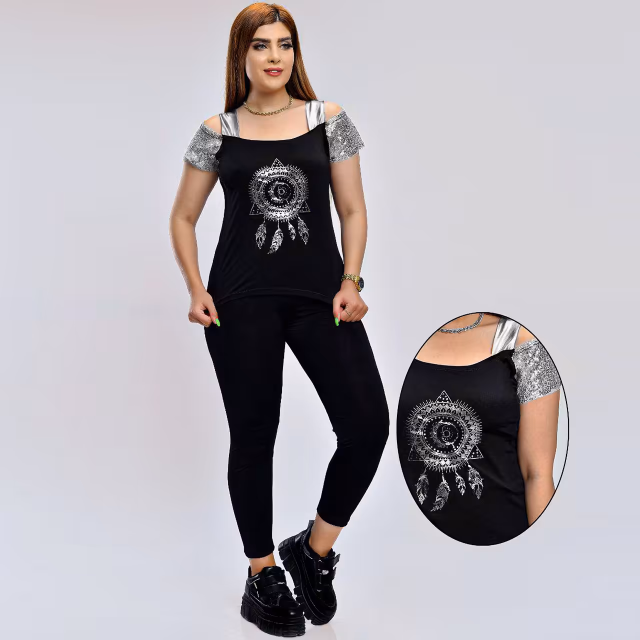 ست تاپ شلوار زنانه طرح third eye نقره ای مدل Rozi