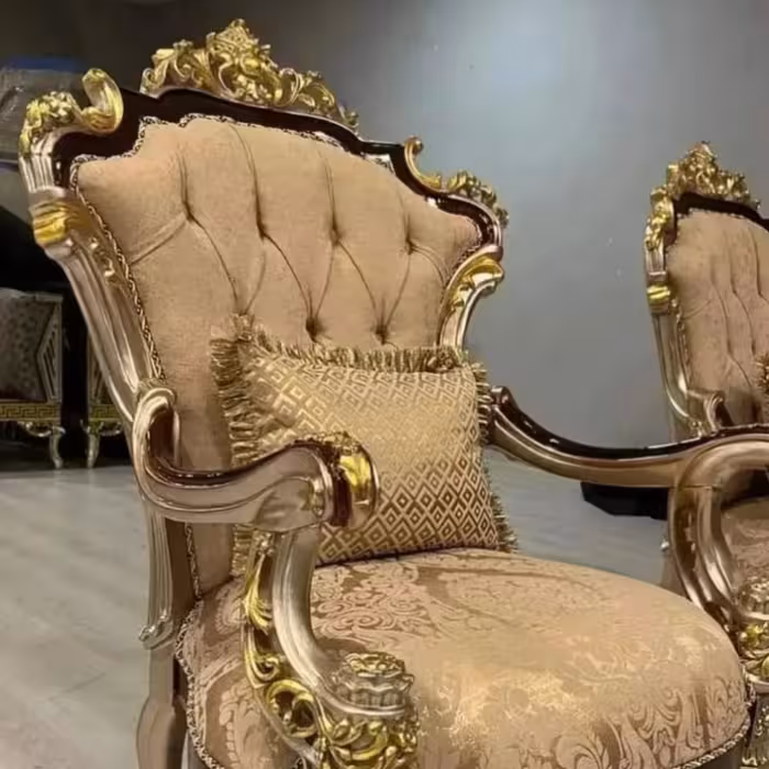 مبل سلطنتی مدل گلایول پلاس  نشیمن9نفره 7نفره ترکیب رنگ بندی چوب و پارچه به سلیقه مشتری انجام میشود 