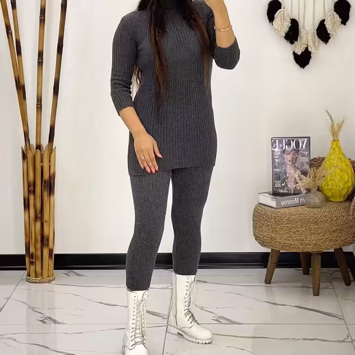 ست تونبک شلوار بافت ست بافت مناسب زیر پافر ست بافت یقه گرد بلند و شلوار ست بافت ریز زمستانه 