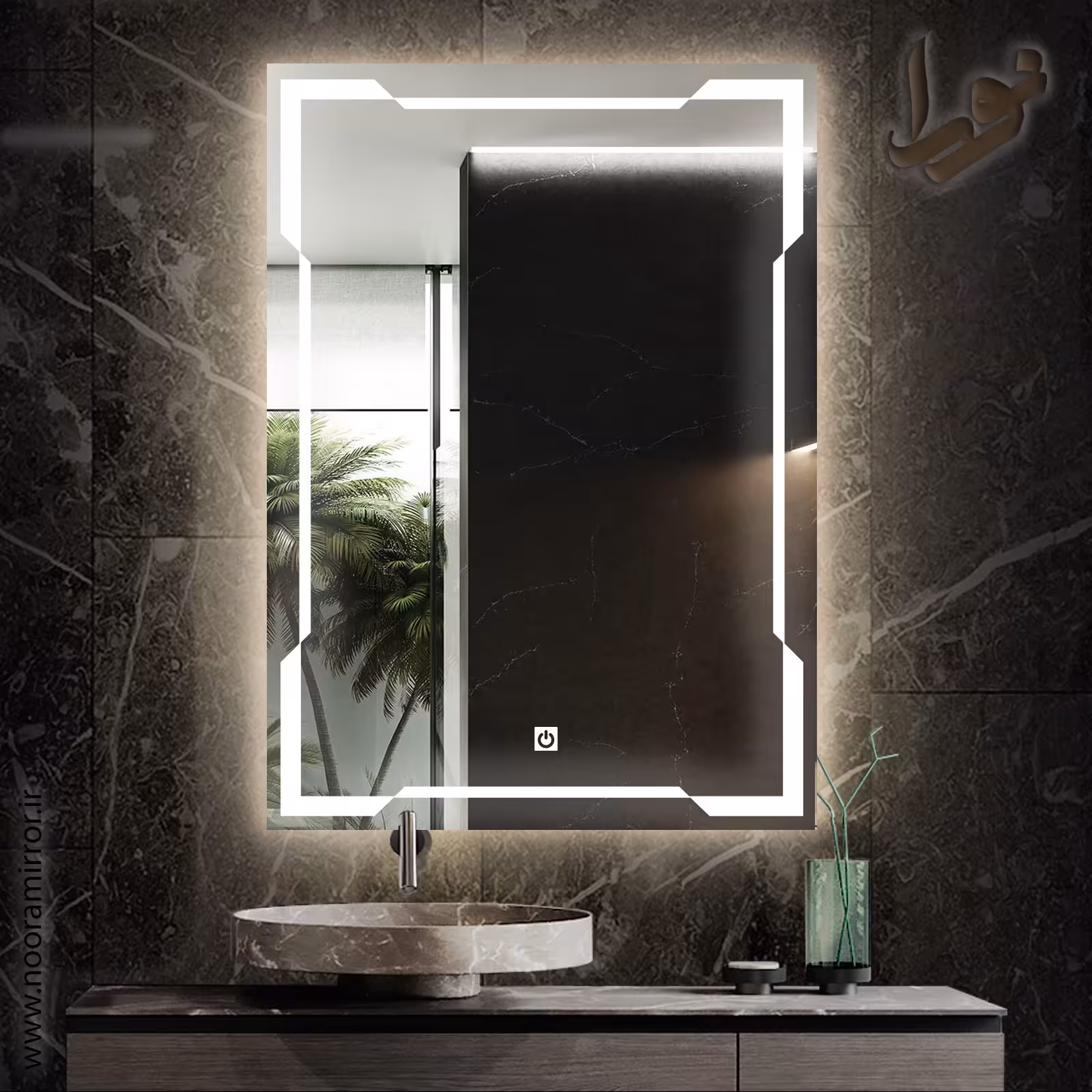 آینه بک لایت نورا . مستطیلی . طرح باران. مجهز به سنسور لمسی 12 ولت . سایز 40 در 60