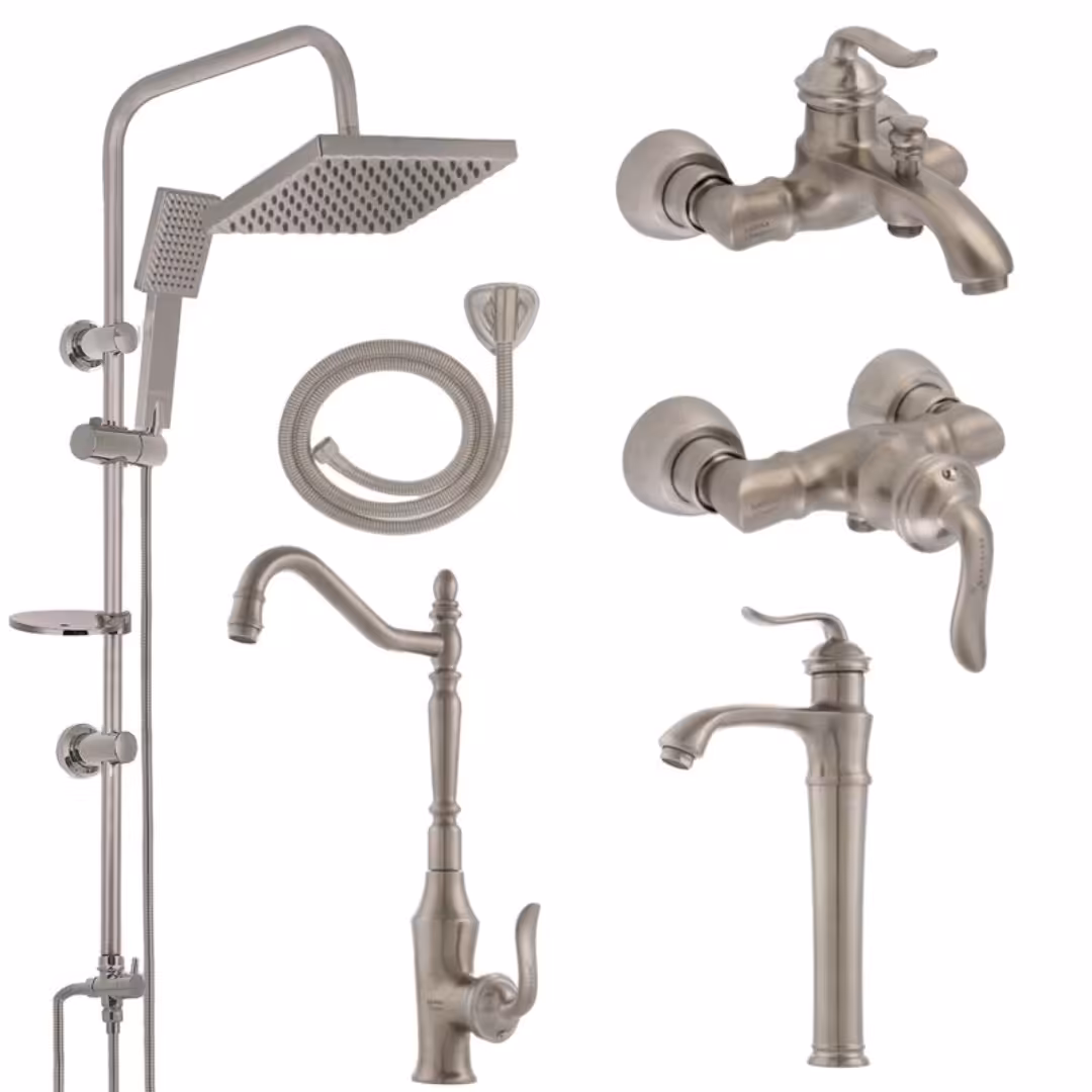 ست شیرالات عیار رنگ استیل مات بهمراه علم دوش دوکاره و شلنگ با روشویی پایه بلند جنس درجه 1 و استانداردو نشان ایزو9001