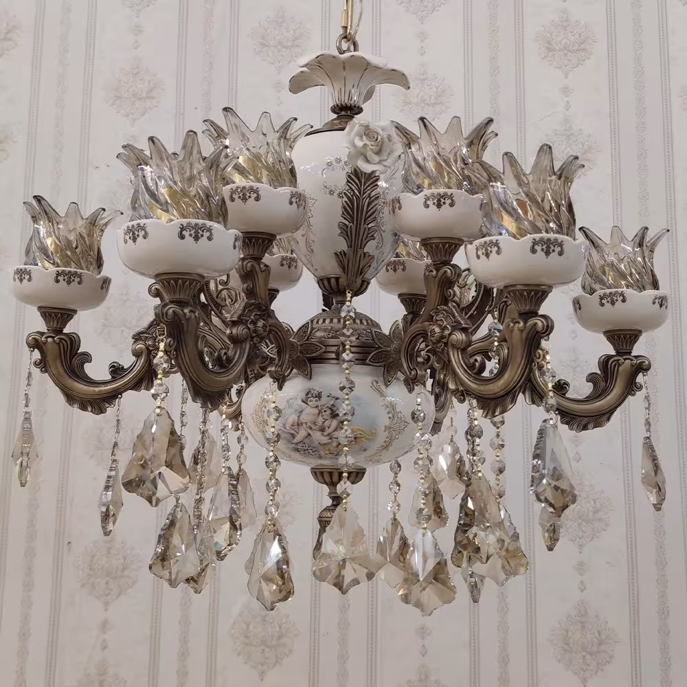 لوستر برنزی سرامیکی مدل شاخه رز آنتیک تمام لامپا 6 شاخه 12 شعله کد 6116 (برنجی)