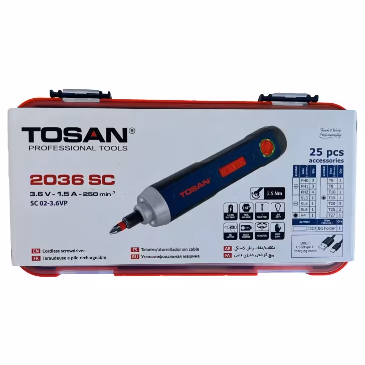 پیچ گوشتی شارژی توسن مدل 2036 SC مجموعه 25 عددی