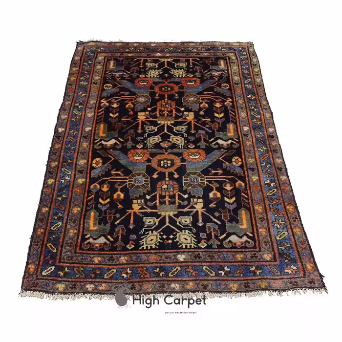 فرش دستبافت عشایری زنجان یک و نیم متری نقشه افشان زمینه مشکی سرمه ای کد 4087