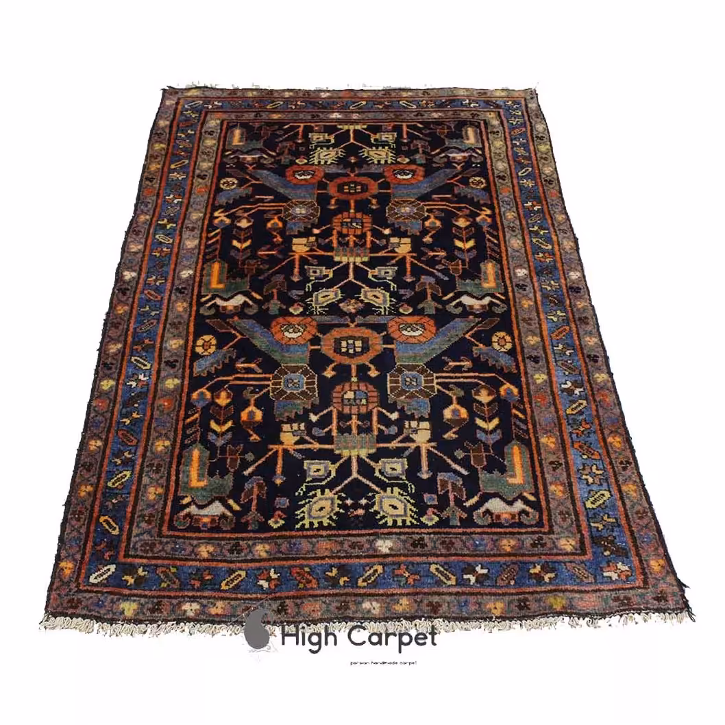 فرش دستبافت عشایری زنجان یک و نیم متری نقشه افشان زمینه مشکی سرمه ای کد 4087