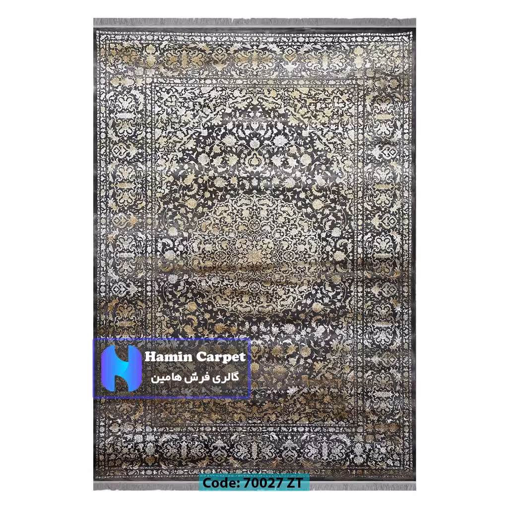 فرش 12متری 700شانه تراکم 2100برجسته مدل وینتیج ترنج دار ذغالی طلایی کد SZ70027ZT