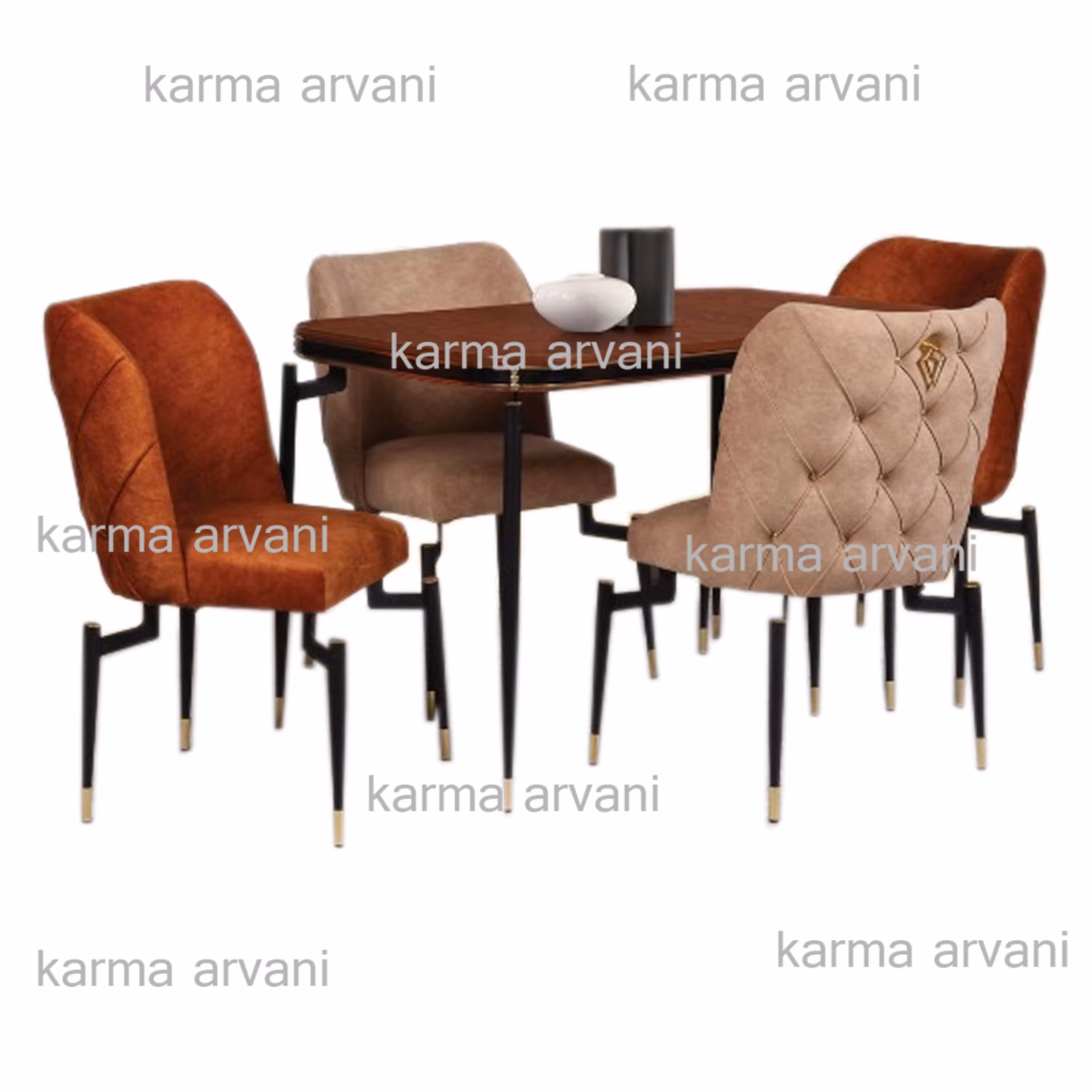 میز و صندلی ناهار خوری 4 نفره استیل ایفل کرم آجری پشت صندلی لمسه پایه خرچنگی 155*90*77 برند صنعت چوب کارما