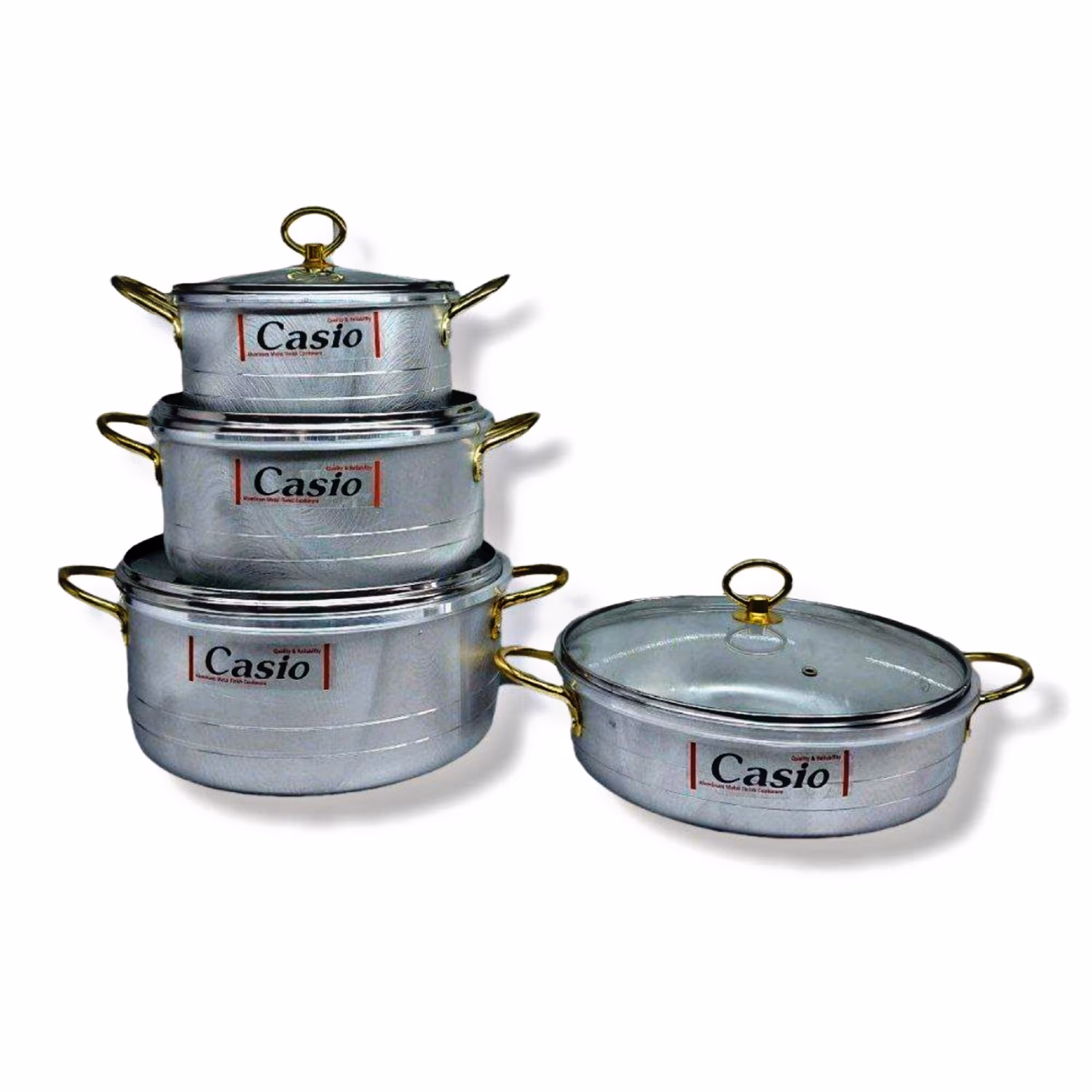 سرویس قابلمه 7 پارچه کاسیو طرح چدن درب پیرکس دسته طلایی