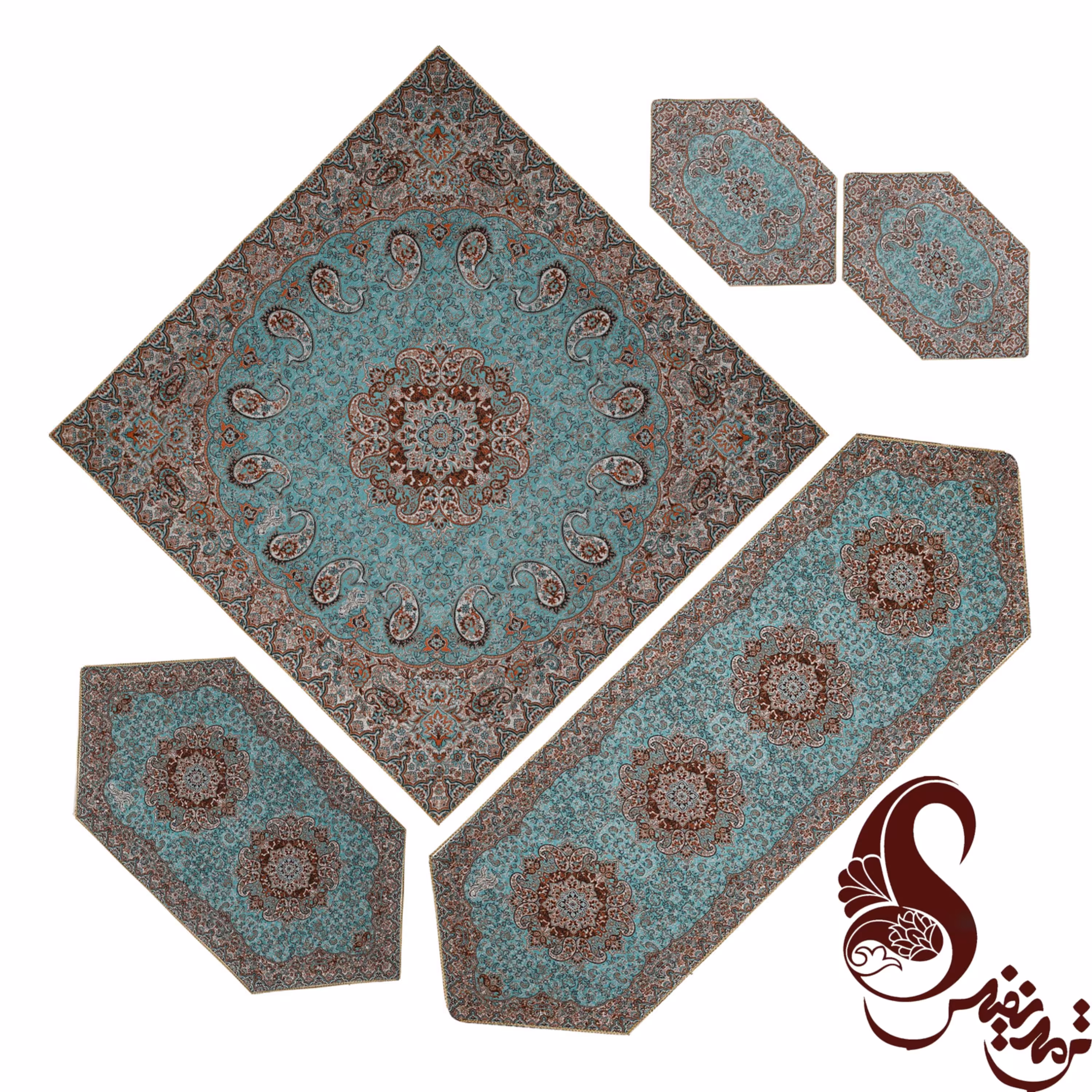 ست 5 تکه رومیزی طرح نسترن آبی فیروزه ای