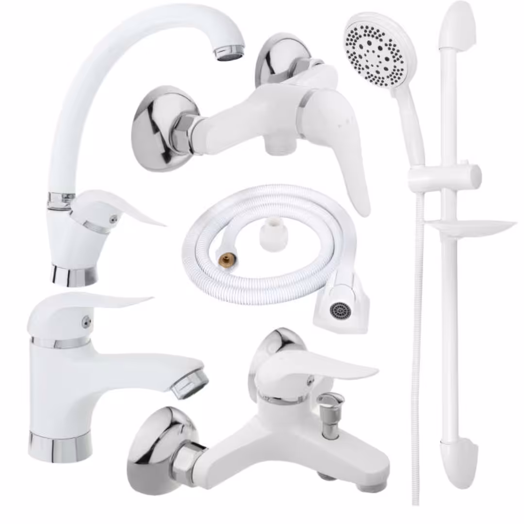 شیر آلات  ساختمان سفید کروم همراه دوش و شلنگ