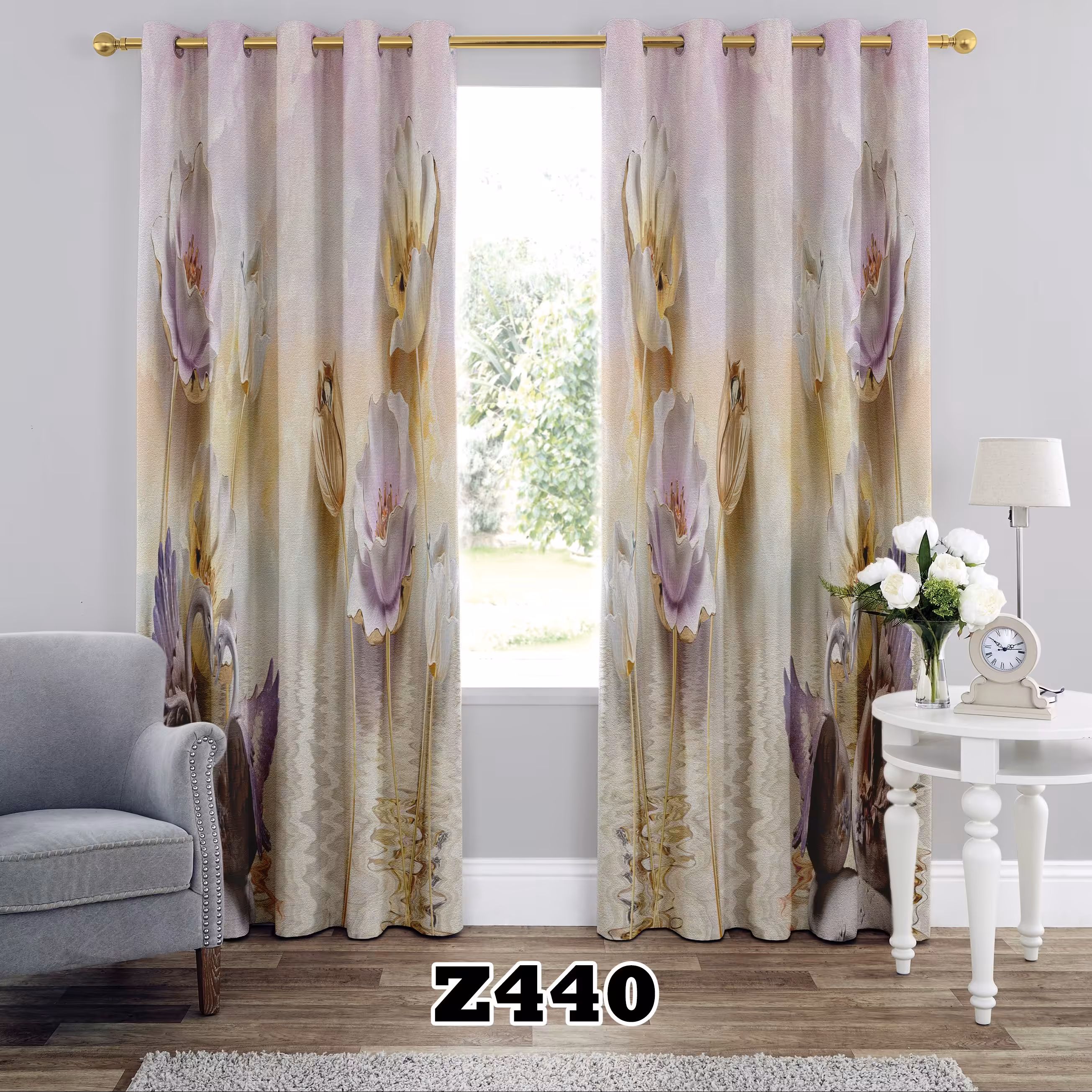 پرده چاپی طرح گل درشت کد Z440 تک قواره ارتفاع 300 عرض 140 سانت