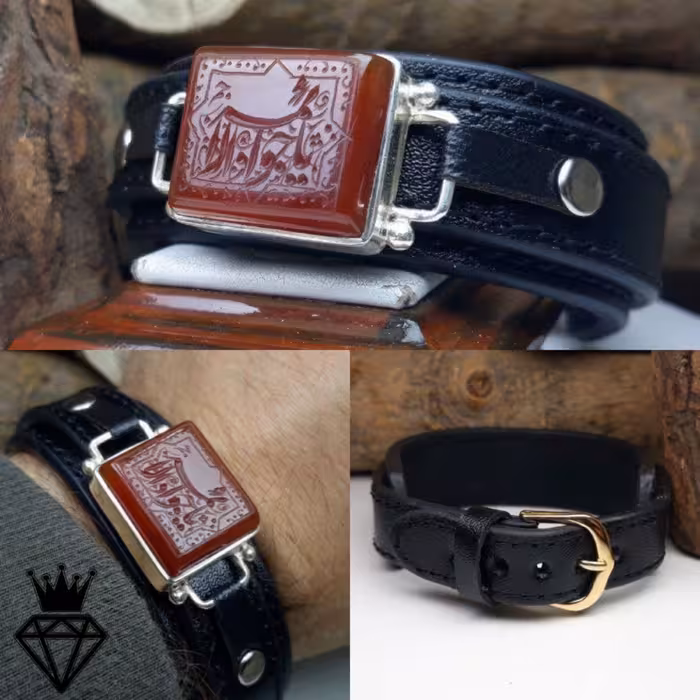 دستبند چرم طبیعی اصل عقیق سرخ خطی منقش به یا جوادالائمه(ع)