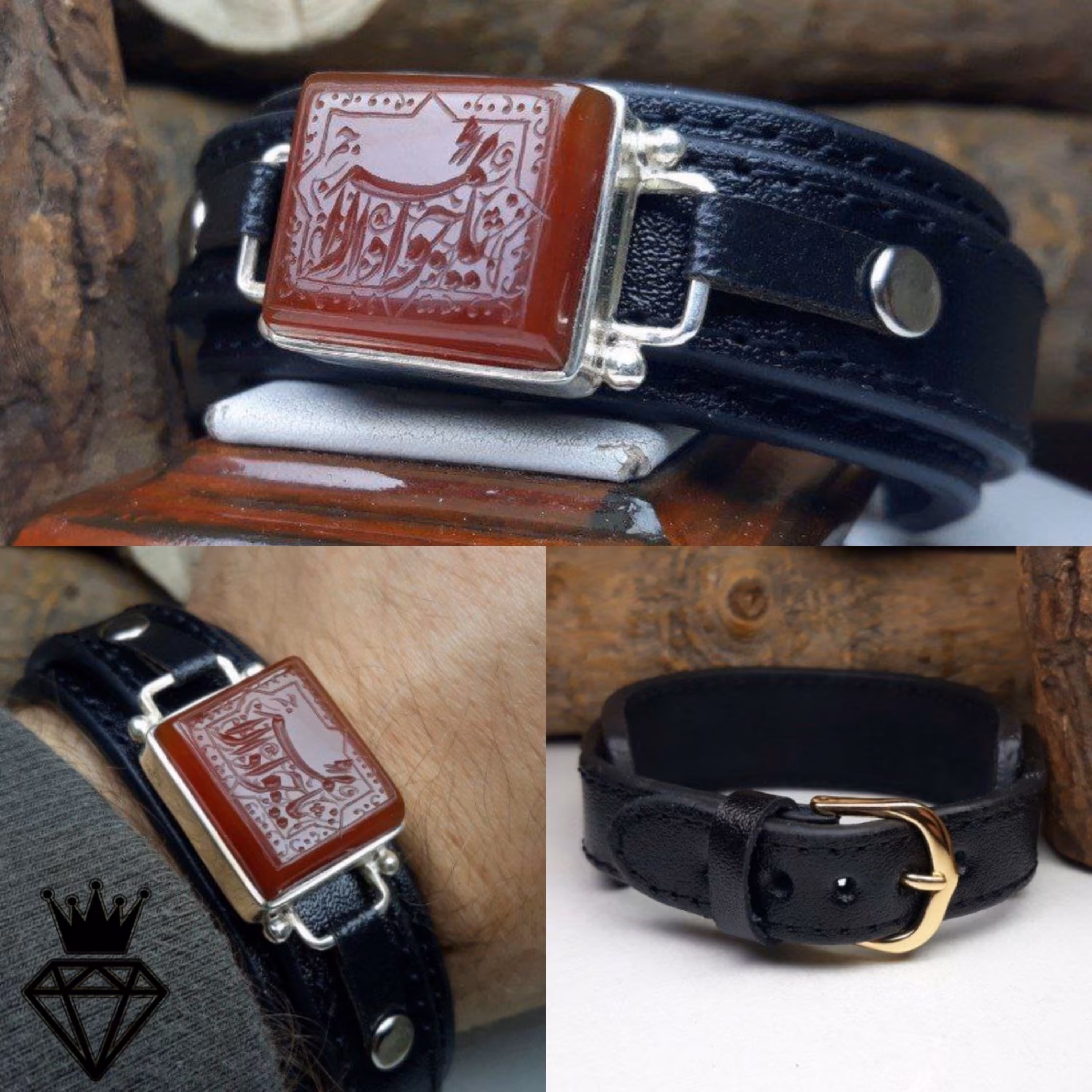 دستبند چرم طبیعی اصل عقیق سرخ خطی منقش به یا جوادالائمه(ع)