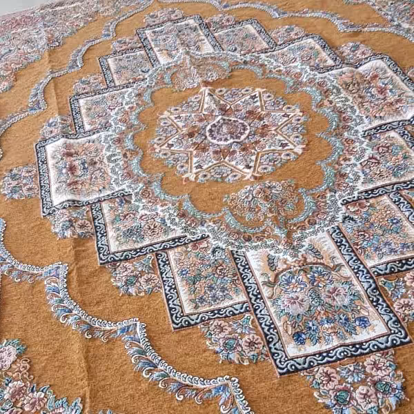 روفرشی 12 متری مخمل زرکدار  گردویی طرح حوض نقره مدل ستاره ای