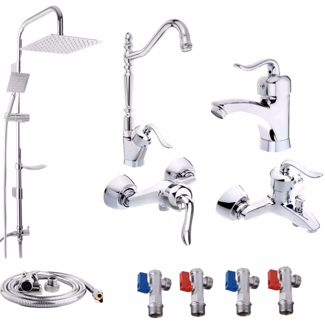 ست 10 تایی شیرآلات قاجاری کروم با علم دوش دوکاره مربعی