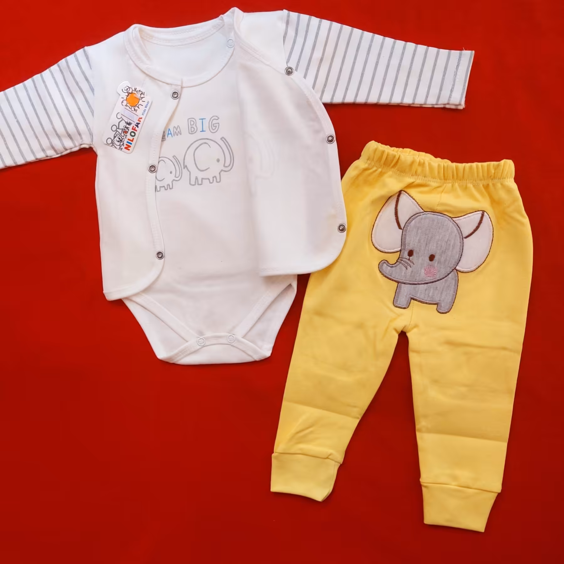 لباس نوزادی سه تکه طرح فیل ( سایز 1 مناسب 0 تا 3 ماهگی)