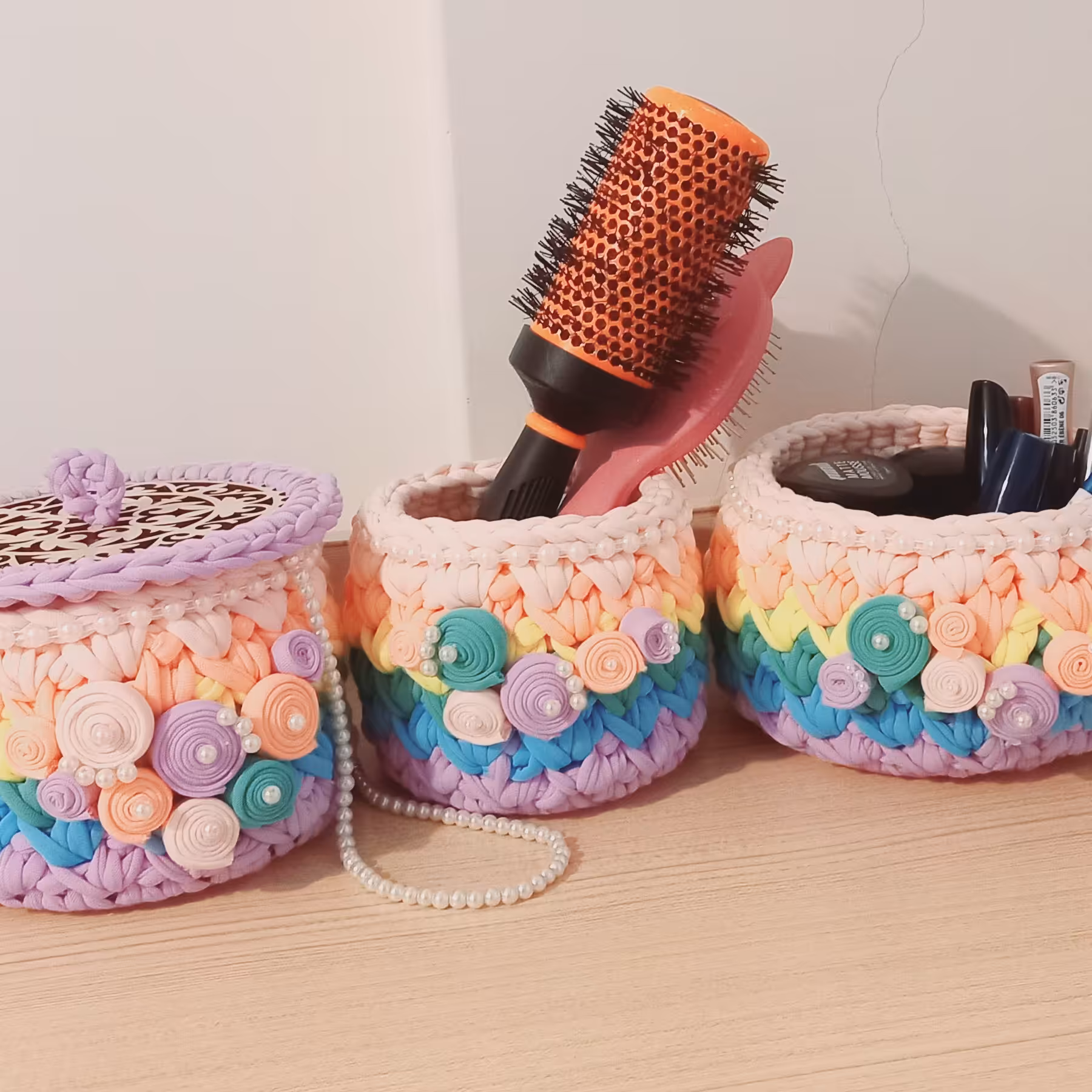 حراج 4 عدد سبد تریکو رنگین کمانی با جای جواهرات آماده ارسال