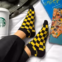 جوراب شطرنجی زرد مشکی مچی نخ پنبه فری سایز