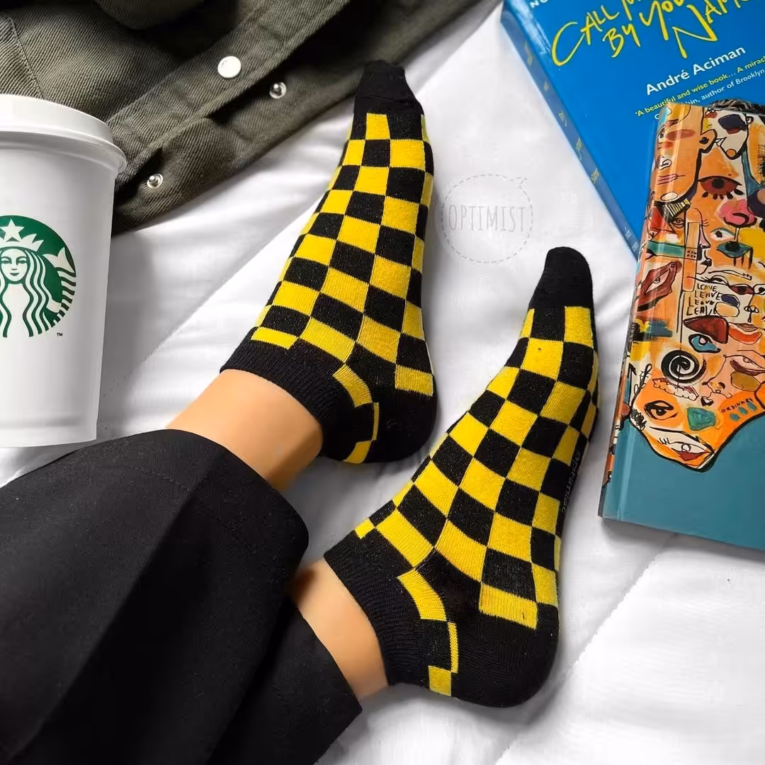 جوراب شطرنجی زرد مشکی مچی نخ پنبه فری سایز