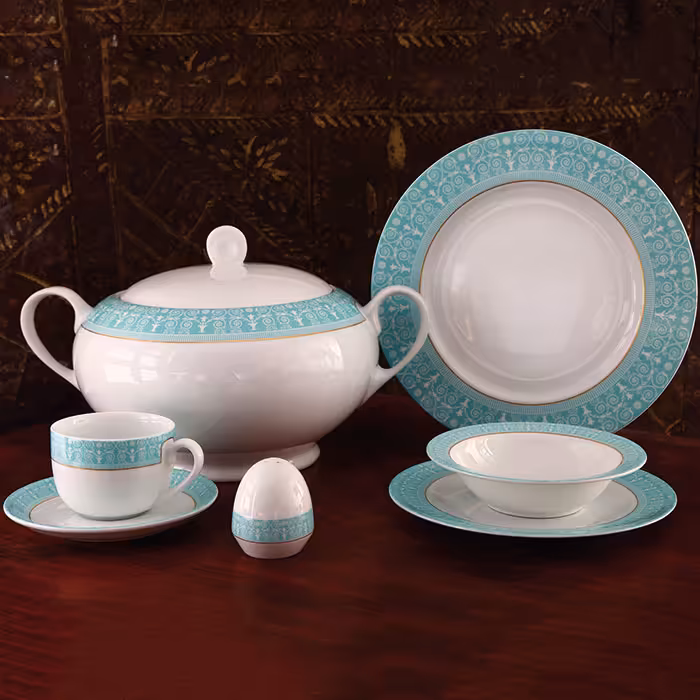 سرویس چینی زرین 12 نفره کامل سپید صدف فیروزه ای (102 پارچه)
