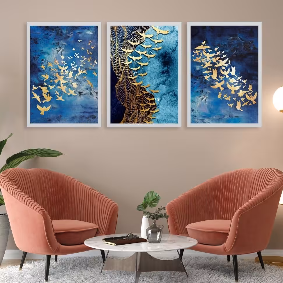 تابلو دکوراتیو فانتزی پرنده های طلایی سه تکه 