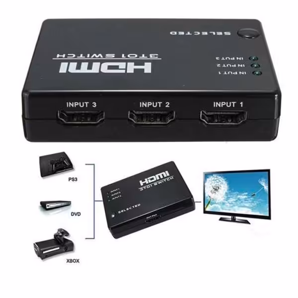 سوییچ 3 پورت HDMIاچ دی ام آی سوییچ با 3 ورودی HDMI و یک خروجی HDMIدارای ریموت کنترل