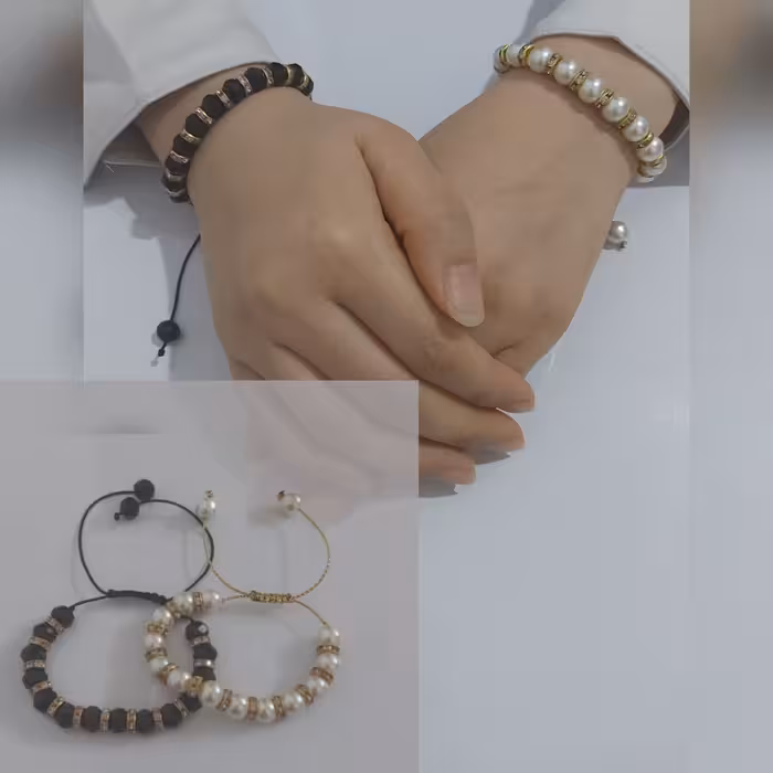 دستبند گره کشویی مرواریدی و کریستالی با رینگ طلایی