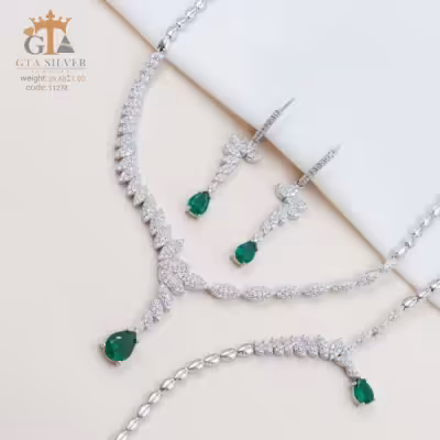 سرویس نقره با نگین سبز زمرد شیک و ظریف روکش طلا کد 11278