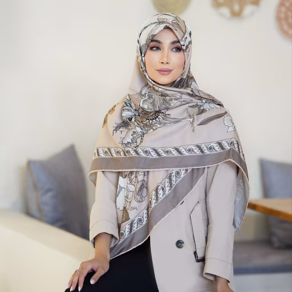 روسری نخ توییل مجلسی زمینه کرمی