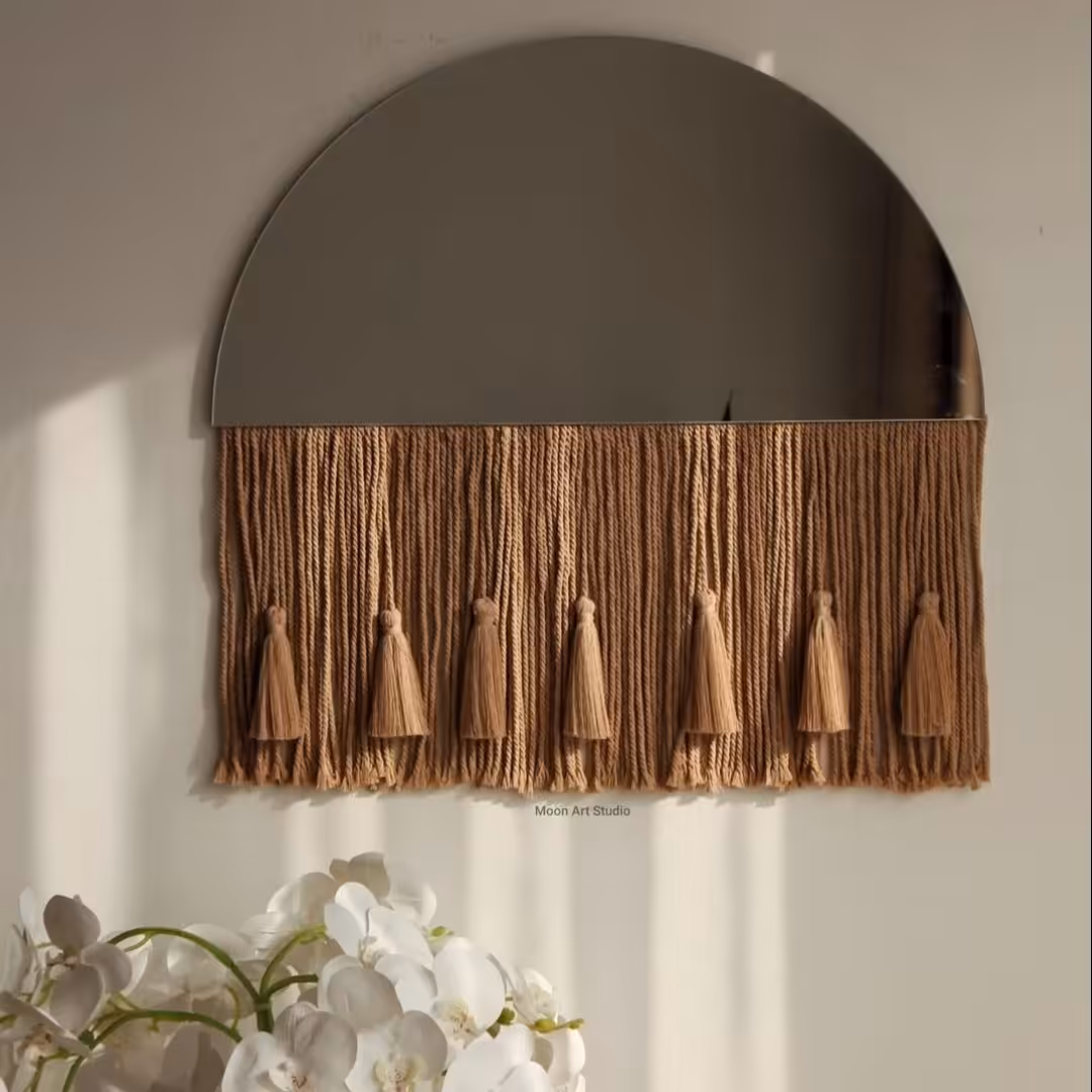 آینه دکوراتیو مکرومه بافی طرح نیم دایره قطر آینه 26 سانتی متر