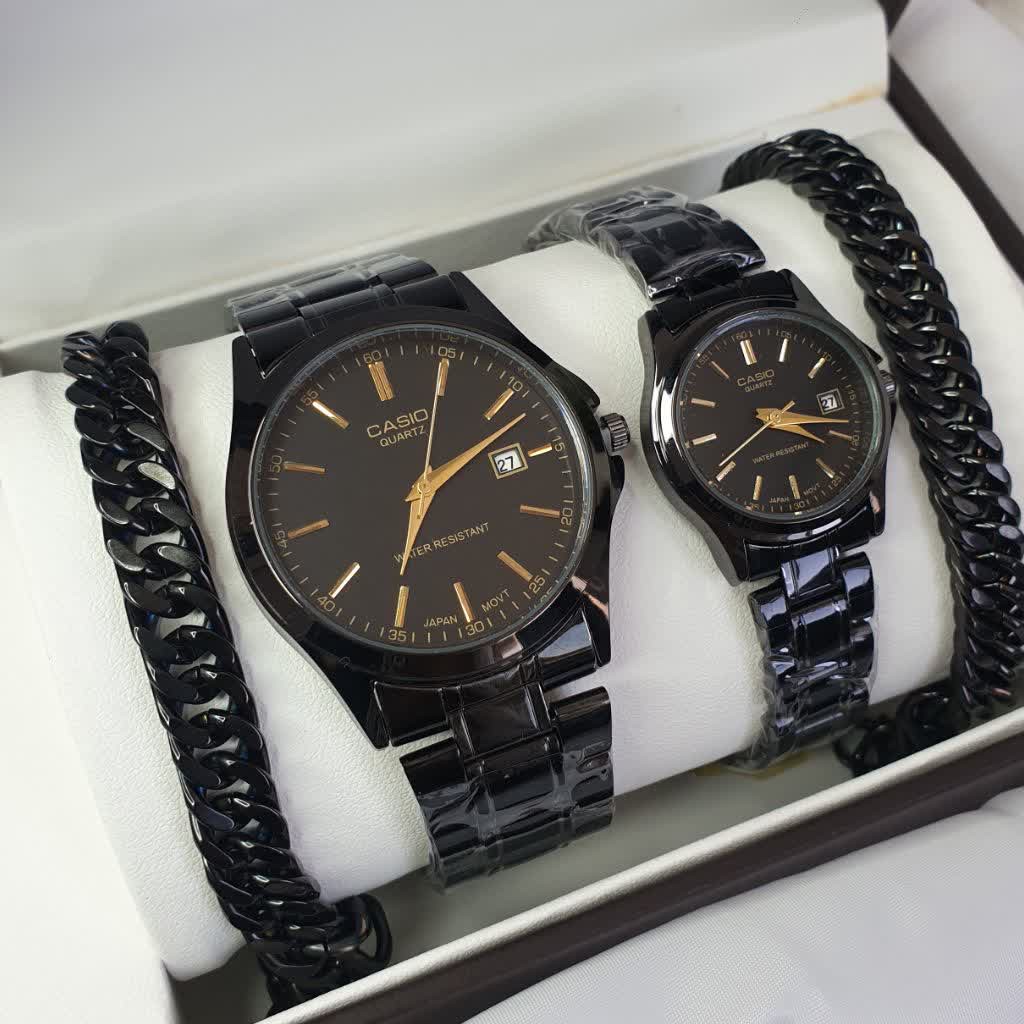 ساعت مچی ست مردانه و زنانه کاسیو ارسال رایگان صفحه مشکی استیل بدنه Casio