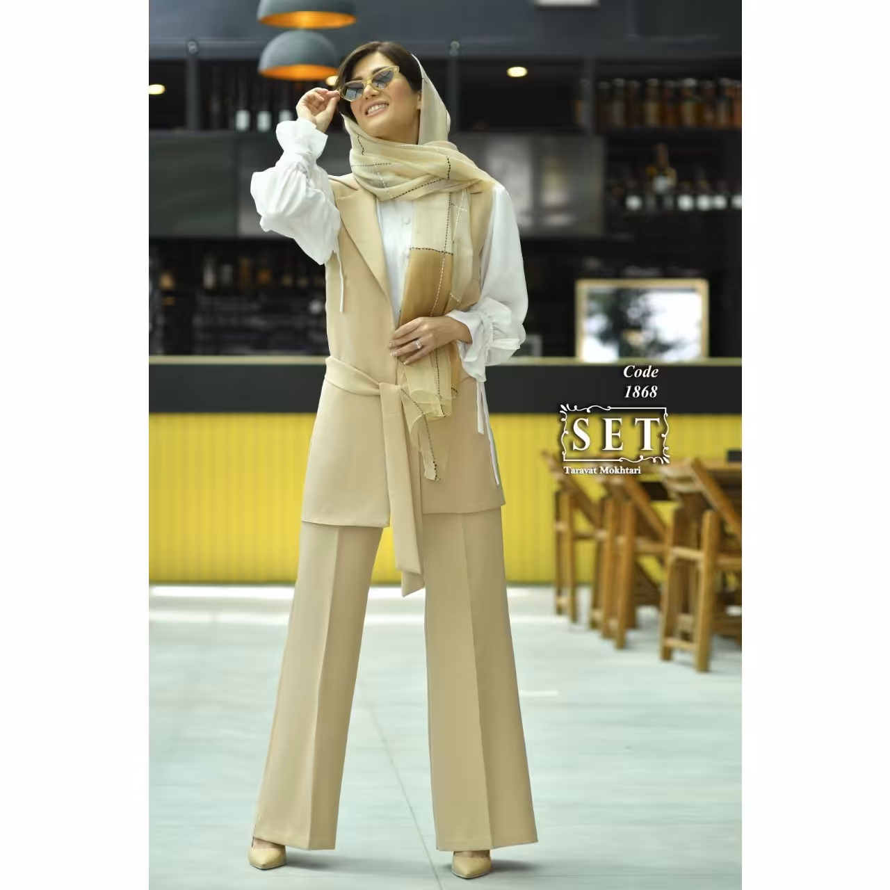 ست کت و شلوار کلاسیک مدل الیسا رنگ نسکافه ای کد 1868 برند SET