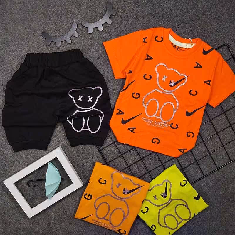 تیشرت و شلوارک پسرانه تدی سایز 35،40،46،50 جنس پنبه رنگ خردلی سبز نارنجی