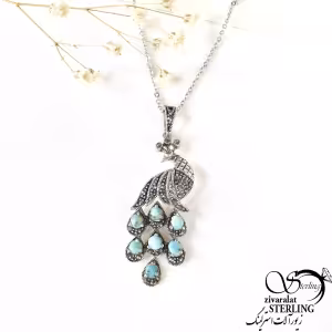 گردنبند طاووس نقره با سنگ فیروزه کد 9701