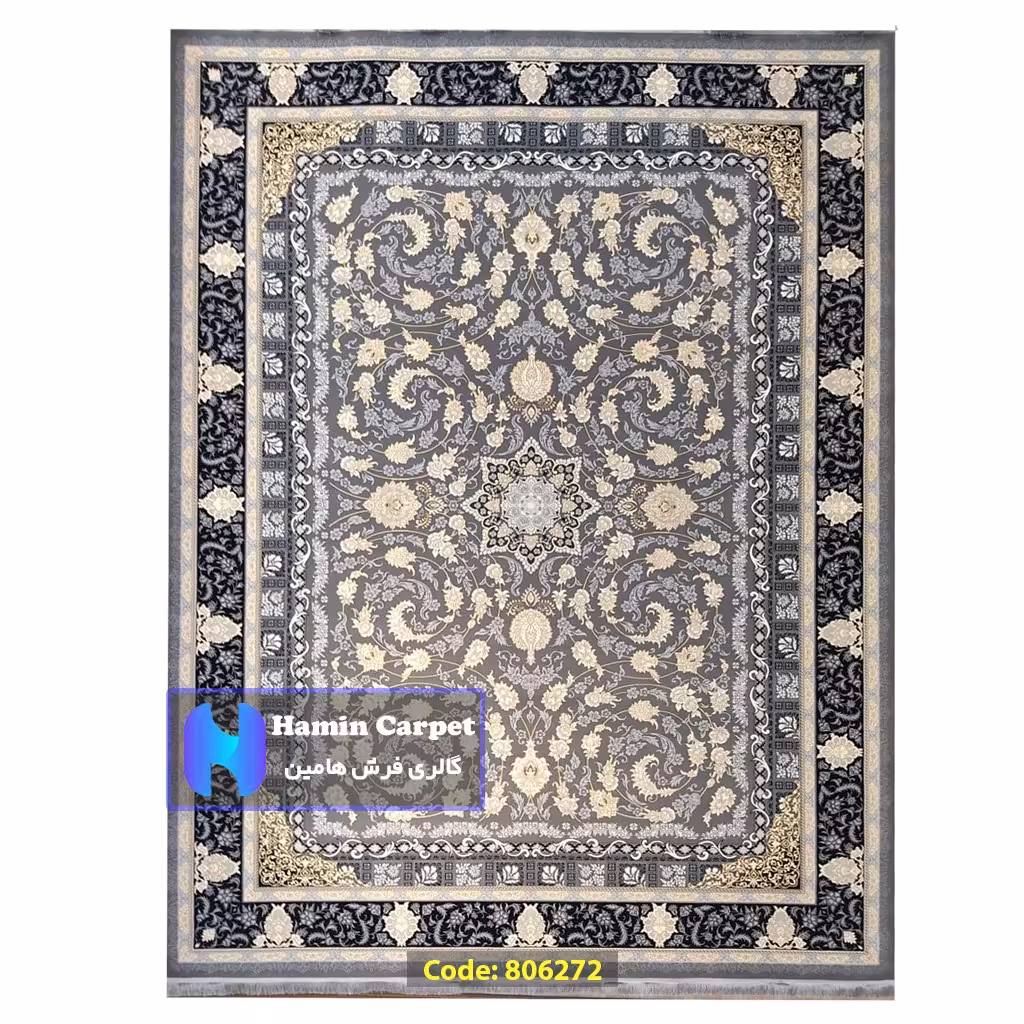 فرش 4 متری 700شانه تراکم 2550 نخ آکلریک رنگ زمینه متالیک طلاکوب کد AR806272