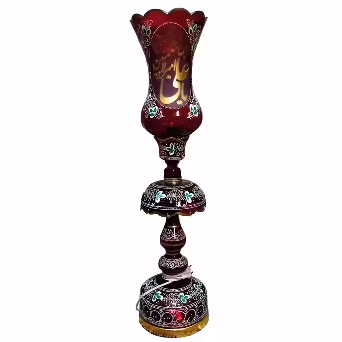 103275-لاله شمعدانی بزرگ ارتفاع 70 قطر دهانه 16-قرمز یا امیرالمومنین علی بن ابیطالب ع برجسته-کنار منبری هیئت