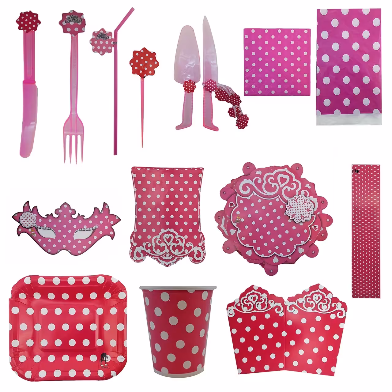 پک جشن تولد گالری زیبا باکس مدل تم سرخابی و سفید خال خالی سایز 150