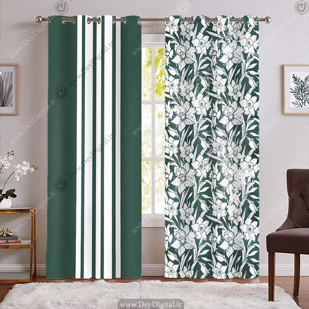 پرده شیک پانچی طرح گل سفید با زمینه سبز PK-7773