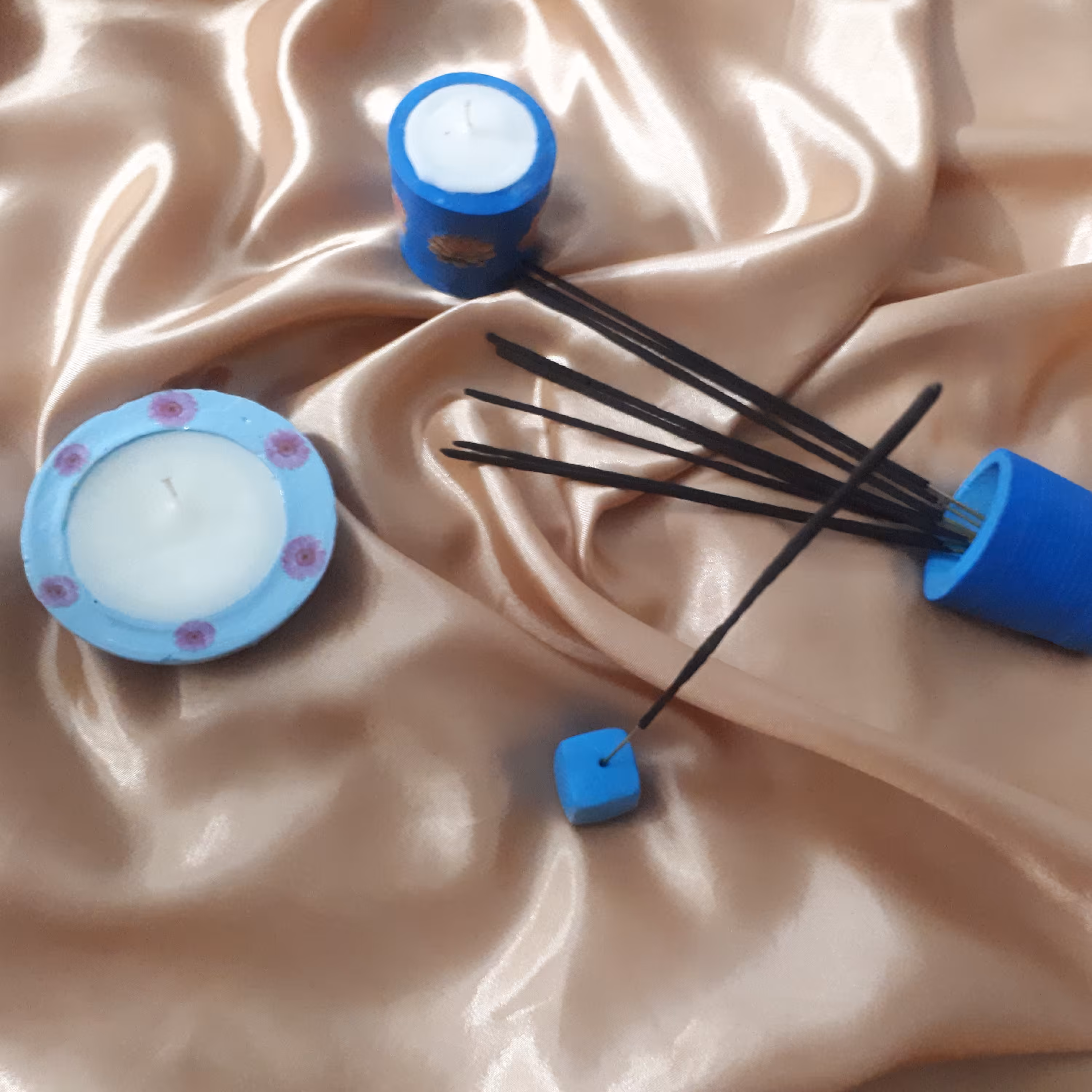 ست آبی دو رنگ جا شمعی کاسه ای، لیوانی،عودسوز، جا عودی