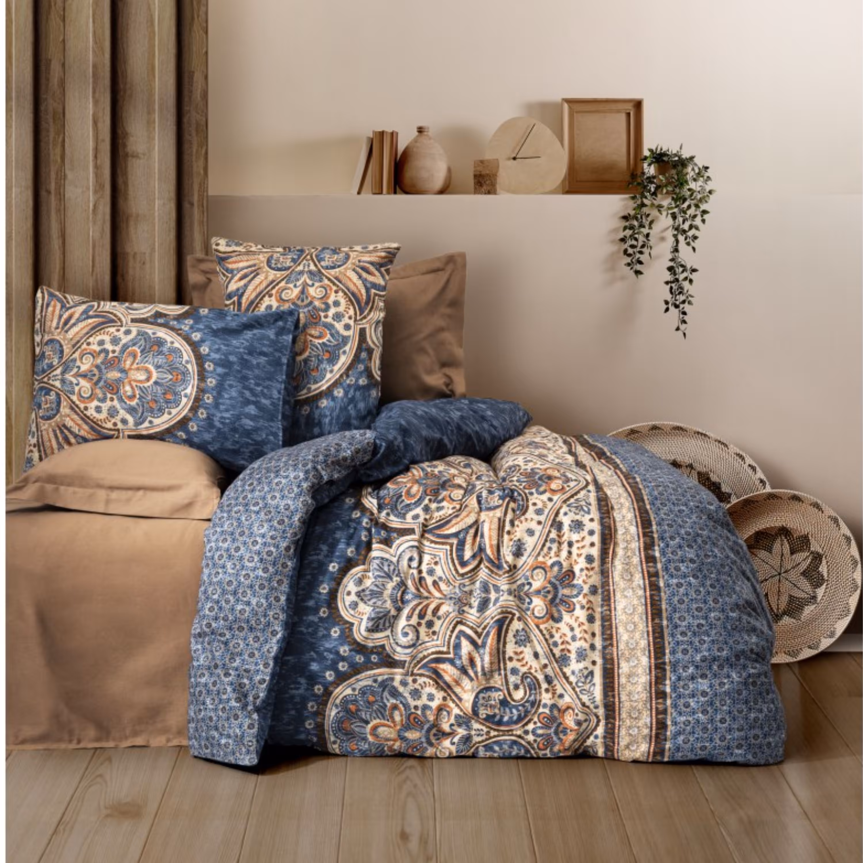 ست ملحفه کاتن باکس مدل Baskili Saten Ezra Kahve دو نفره 6 تکه