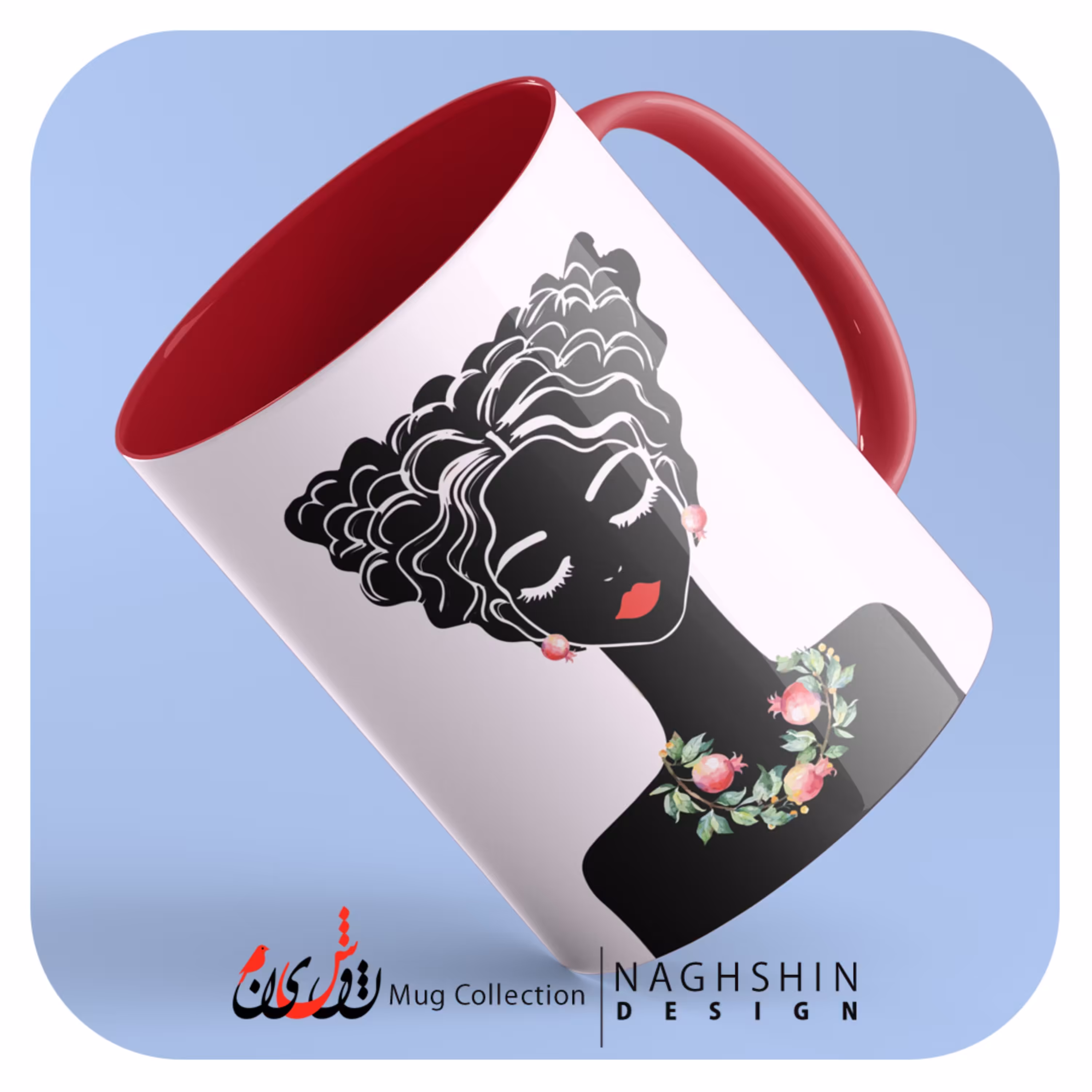 ماگ سرامیکی داخل و دسته رنگی با طرح دختر اناری-لطفا قبل از سفارش از موجودی محصول مطلع شوید