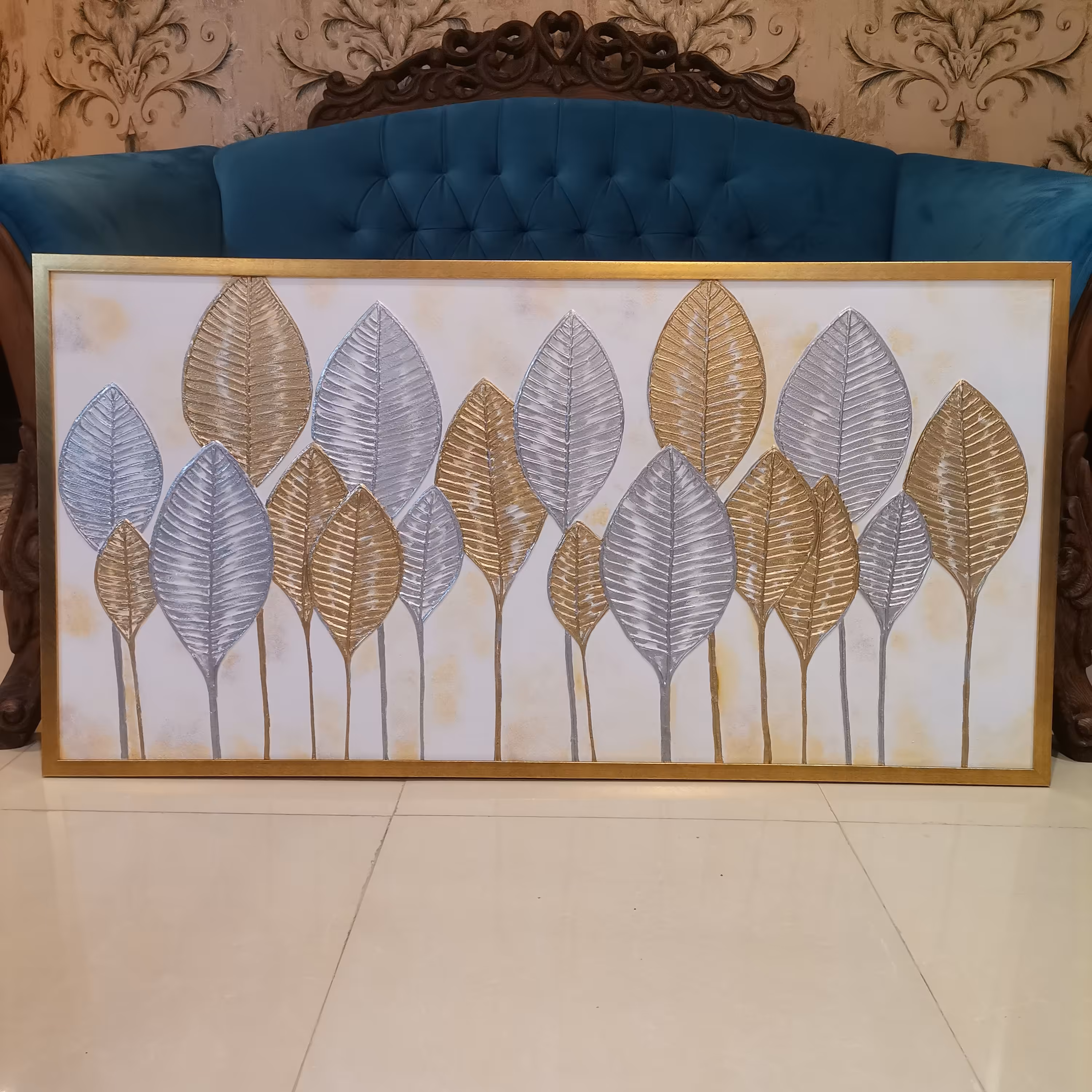 تابلو برگ طلایی ابعاد 60 در 120 برجسته و تماما کاردست تزئین شده با ورق طلا