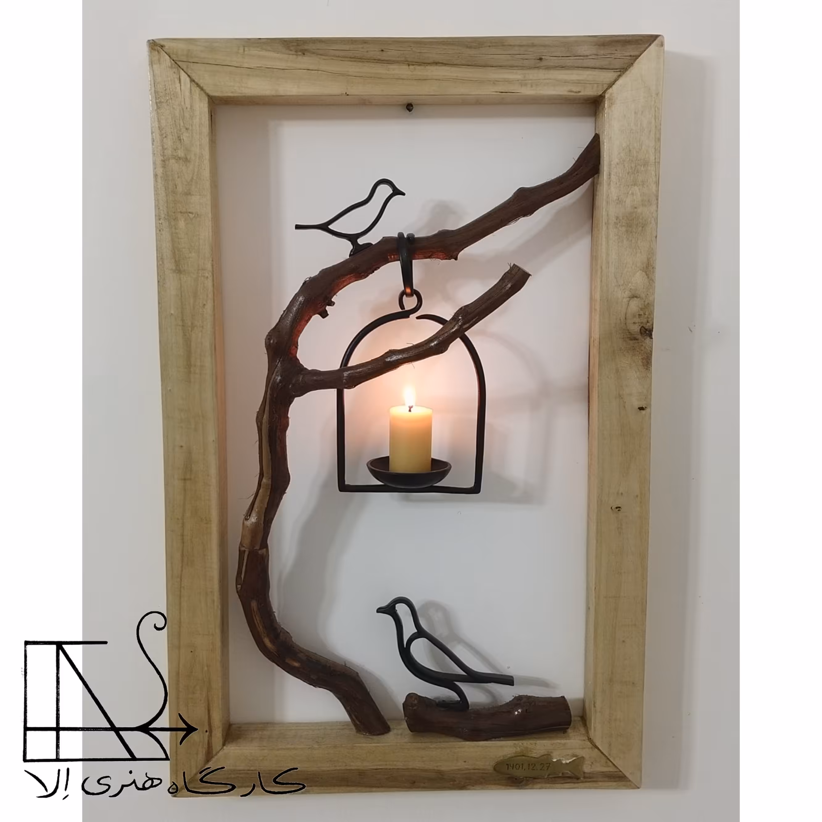 جاشمعی چوبی طرح تابلوی پرنده و قفس دستساز 