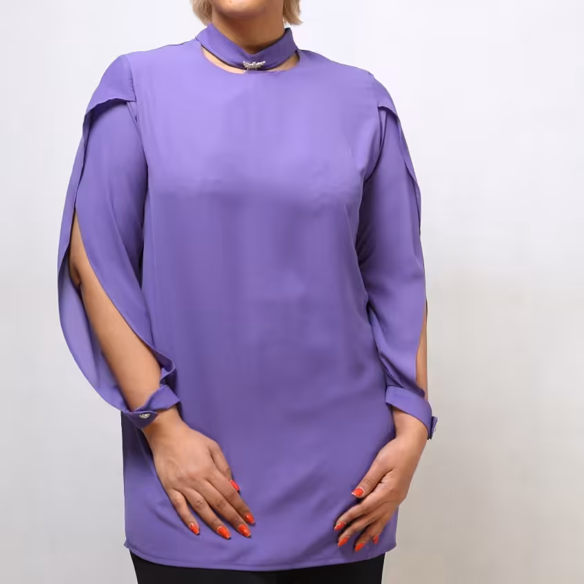 بلوز مدل آستین چاکدار جنس کرپ حریر تک رنگ یاسی از سایز 40 تا 46