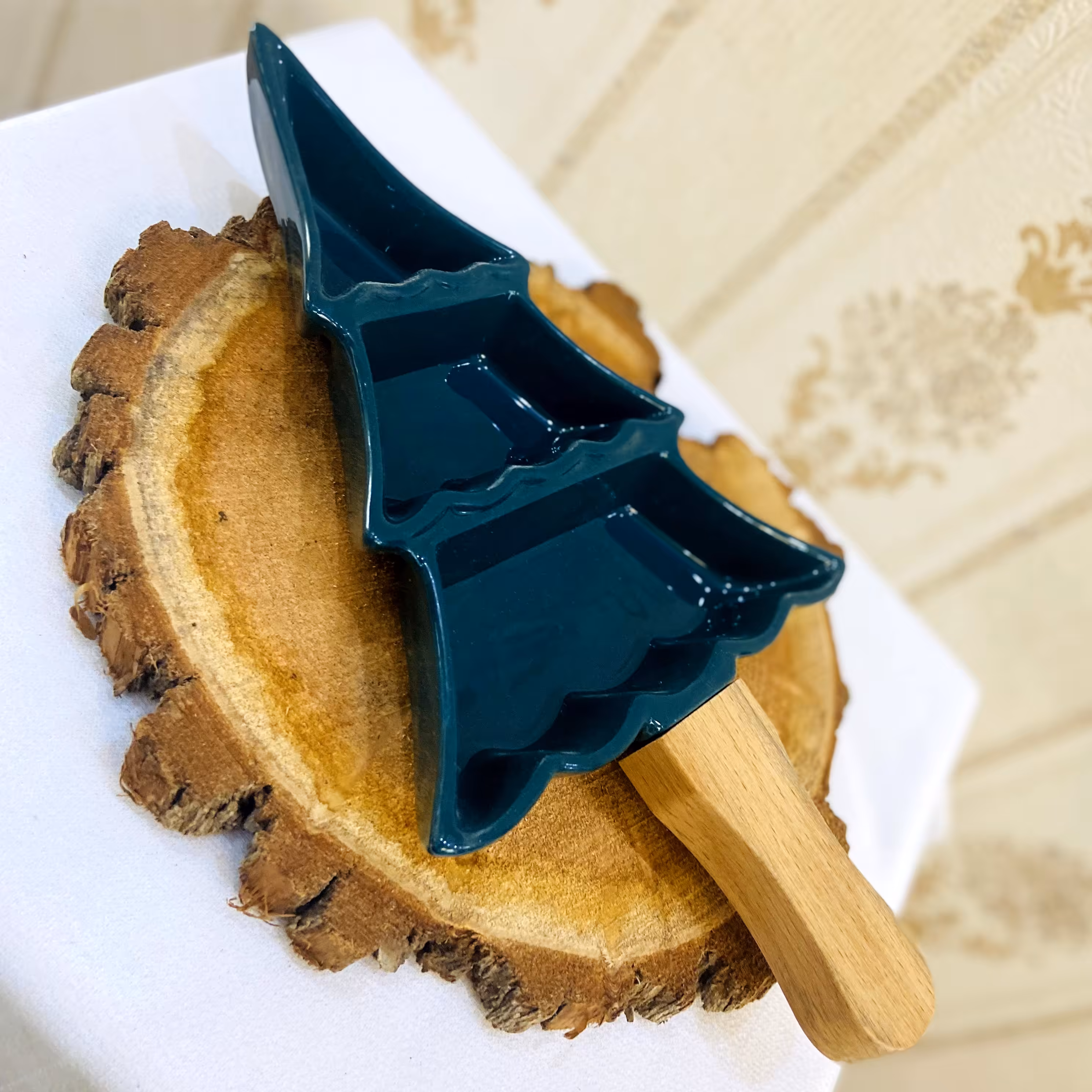 اردورخوری سه خانه سرامیکی دسته بامبو،طرح کاج رنگ سبز
