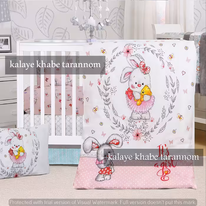 سرویس لحاف کاوردار نوزادی 5 تکه طرح خرگوش و خرس کتان نخ پنبه