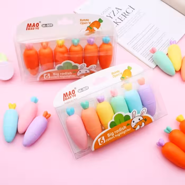 مینی هایلایتر   بسته ای فانتزی طرح هویج در 6 رنگ بدنه نارنجی 