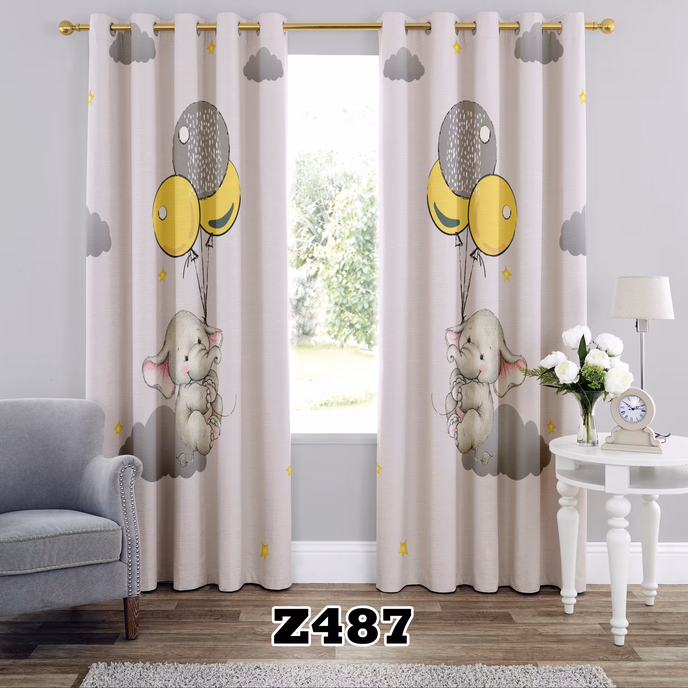 پرده چاپی طرح فیل بچگانه کد Z487 تک قواره ارتفاع 300 عرض 140 سانت