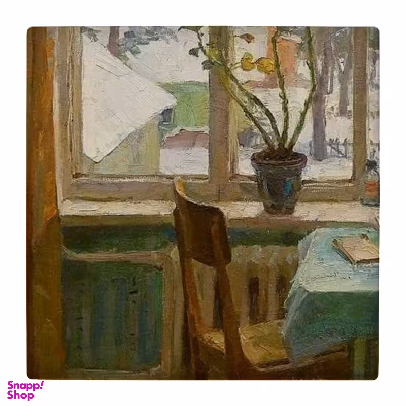 زیر لیوانی طرح نقاشی میز ناهار خوری و گلدان گل پشت پنجره کد 4824166_3697